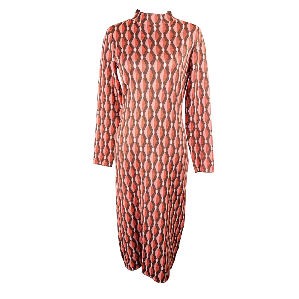 Nina Leonard Midi Dress Womens Medium Pink Orange Geometric Diamond Knit Bodycon